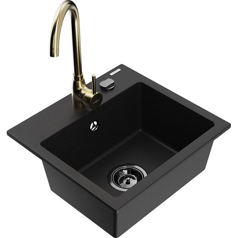 Mexen Milo granitspüle 1-becken mit Küchenarmatur Telma, schwarz - 6505-77-670200-50-B (1/5)