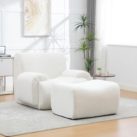 Fauteuil chenille avec pouf, emballé sous vide avec rembourrage en mousse à haute élasticité 30D, sans montage pour salon et petits espaces-IVOIRE (1/5)