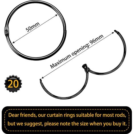 Lot de 20 Anneaux de Rideau à Ouvrir - 50 mm - Anneaux Ronds - Pinces métalliques pour Rideaux et tringles à Rideaux - Noir