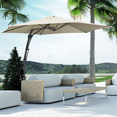 Parasol déporté Ø293 cm. pare-soleil avec levier latéral. pied en croix. résistant au vent. déperlant. blanc crème