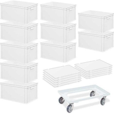BRB 10 Euroboxen, LxBxH 600x400x320 mm + 10 Scharnierdeckel + 1 Transportroller (weiß)