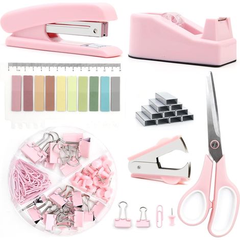 Ensemble de fournitures de bureau, kit d'accessoires de bureau, comprenant agrafeuse, ruban adhésif, dissolvant, agrafes, pinces, ciseaux (1/5)