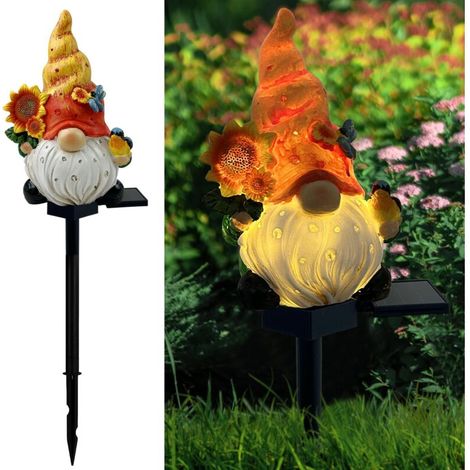 Herbstlicher Solar-Gartenzwerg, Gartenzwergfigur mit Sonnenblumen und Vogel, Solar-Lichterkette für einen Feengarten, Herbstzwergdekorationen für Zuhause und draußen
