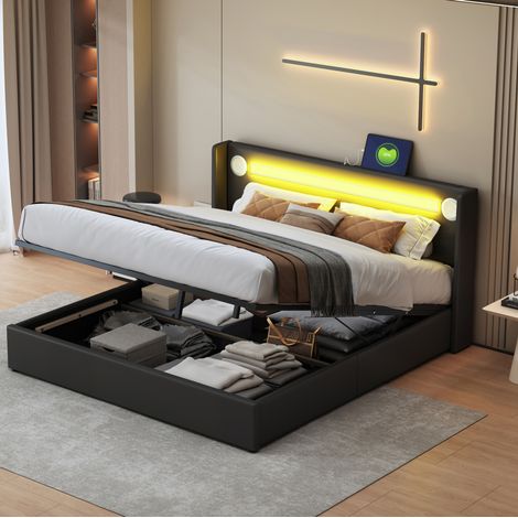 Polsterbett 160/200 cm schwarz aus PU-Leder mit Stauraum, LED und Bluetooth (1/5)