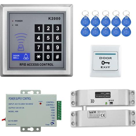 RFID Porte Accès Contrôle Système Kit + Verrouillage à Boulon électrique + 110-240V AC 12V DC 3A 36W Power Supply + Proximité Porte Entrée Pavé Numérique 10 Bouton EXIT Breloques Clé (1/5)
