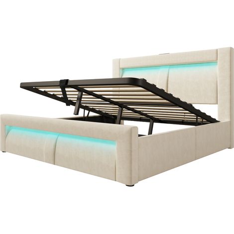 CAIziLit double 160x200 cm avec espace de rangement, lit hydraulique, éclairage LED avec commande par application, ports de charge USB et Type-C, velours, tête de lit au design courbé, beige, sans mat (1/5)