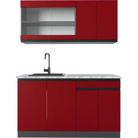 Singleküche R-Line, Rot/Anthrazit, 140 cm , AP Marmor, Vicco