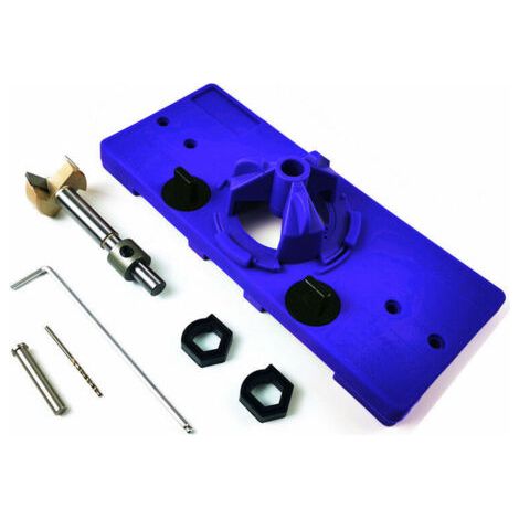 FENOPLASTICAGabarit de Perçage Charnière Invisible 35 mm Gabarit de Trou Charniere Guide de Perçage Charniere avec Anneau de Limite Tige de Positionnement Perceuse Clé pour Menuiserie -Bleu (1/5)
