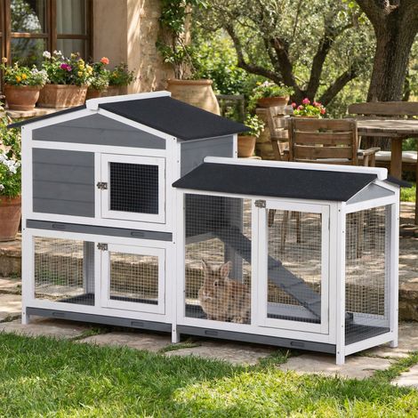 Conejera de Madera Exterior con Techo Asfáltico 2 Corrales de Metal Bandeja Extraíble 157,4x53x93,5 cm Gris (1/5)
