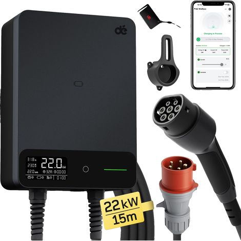 Estación de carga para vehículos eléctricos, 22 kW de potencia, conectividad inteligente, alcance de 15 m, control por aplicación, color negro. (1/2)