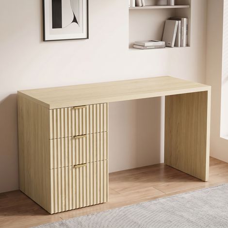 Bureau d'Ordinateur, Rangement Réversible, 3 Tiroirs Façades Ondulées, Plateau Épais et Spacieux, 120x50x76cm, Chêne (1/5)