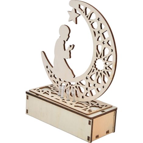 Handgefertigte Holzdekoration, durchbrochener Mond mit Buchstaben für Eid al-Fitr, Eid al-Adha und Ramadan (Modell JM01931, ohne Batterien) (1/5)