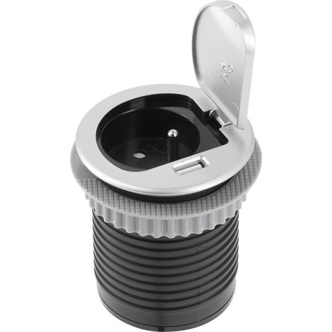 Prise encastrable CHARGER MINI 60 mm avec prise française Type E et port USB 2,4 A, station de charge encastrée pour bureau, cuisine et établi, coloris argent (1/4)