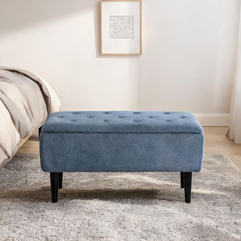 Pouf coffre de rangement en tissu effet laine bouclée bleu 95 cm (1/5)