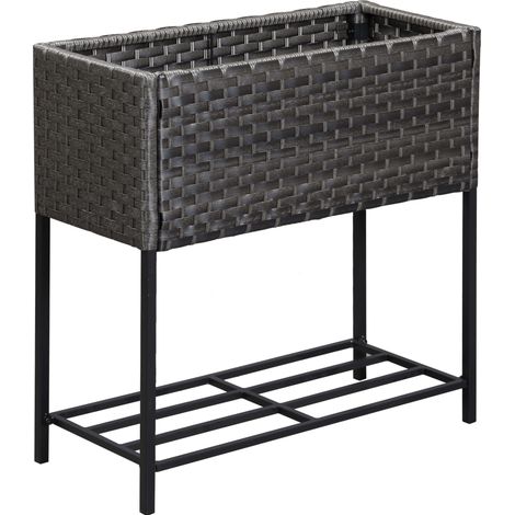 Bac à plantes surélevé en poly rotin avec pieds et étagère, 70 x 30 x 72 cm, brun pour jardin, balcon, terrasse (1/5)