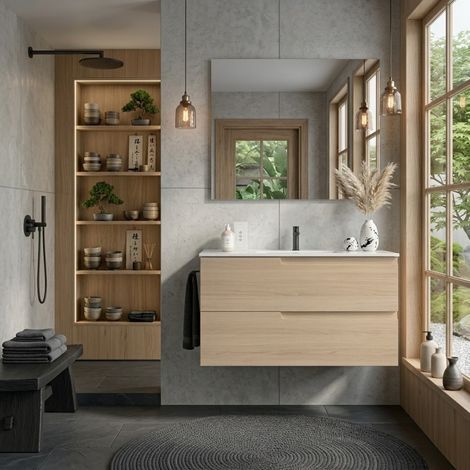 Mobile Bagno Sospeso 100 cm con 2 Cassetti e Lavabo Incluso Rovere natura – Gena