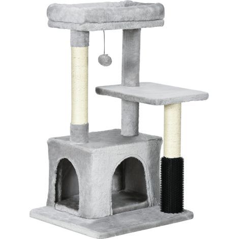 Arbre à chat avec panier lavable, bac à litière intégré et jouets suspendus, gris clair, 48 x 48 x 85 cm (1/5)