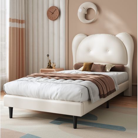 Cama infantil 90x200 cm beige en PU, cabecero en forma de animal y estructura estable (1/5)