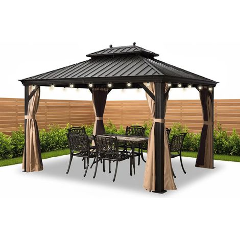 PURPLE LEAF 4.25 x 3 m Pergola de Jardin en Aluminium à Toit Rigide avec Guirlande LED, Tonnelle avec Moustiquaire et Rideaux, Pavillon Double Toit, Bronze (1/5)