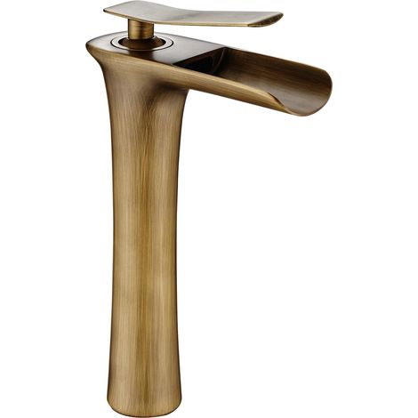Grifo monomando de lavabo alto modelo Amaranto con salida de agua efecto cascada en color antique
