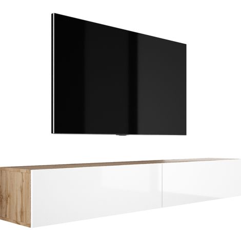 Meuble TV Suspendu, (2 × 100) × 34 × 32 cm, Chêne Wotan / Blanc Brillant (1/5)
