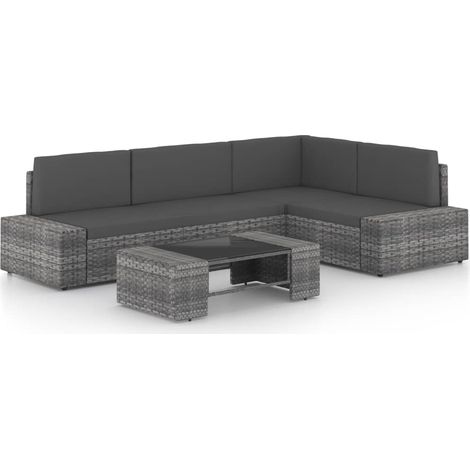 5-tlg. Garten-Lounge-Set mit Kissen Grau Poly Rattan