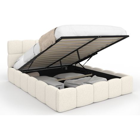 Lit coffre double NUAGE avec tête de lit matelassée et sommier 140 x 190 cm tissu bouclette blanc