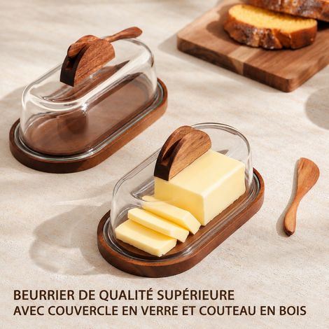 Ensemble beurrier rectangulaire en bois et verre avec couteau à beurre en bois 23 × 7 × 7 cm 300 g. – Livraison gratuite (1/5)