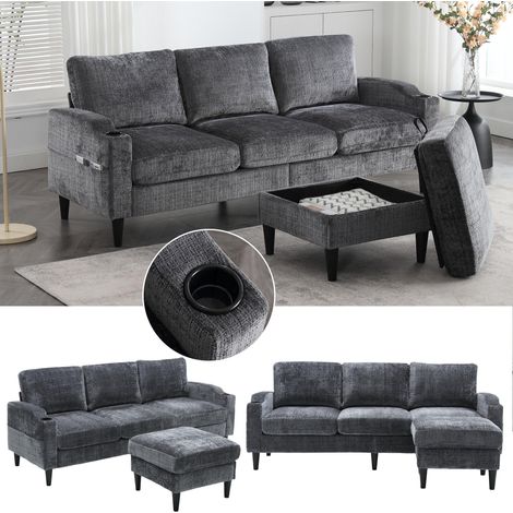 Canapé élégant avec pouf et espace de rangement – 4 places avec accoudoirs confortables, porte-gobelets, poches latérales et pieds en plastique robustes, revêtement en velours pour un confort doux pou (1/5)