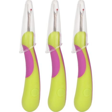Set aus 3 hochpräzisen Nahttrennern aus Edelstahl, Stickstichentfernern, ergonomischem Griff, transparenten violetten und grünen Kappen (1/5)