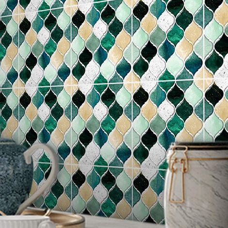 à décoller et recoller façon carrelage mosaïque pour carrelage mural et de sol, crédence, décoration d’intérieur, cuisine, salle de bains, 20 x 20 cm, autocollants mosaïques, couleurs vert et jaune (1/5)