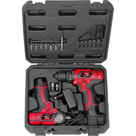 kit mallette de perceuse à percussion et tournevis à impulsions sans fil Valex, 2 batteries 12V 2Ah et chargeur (1/3)