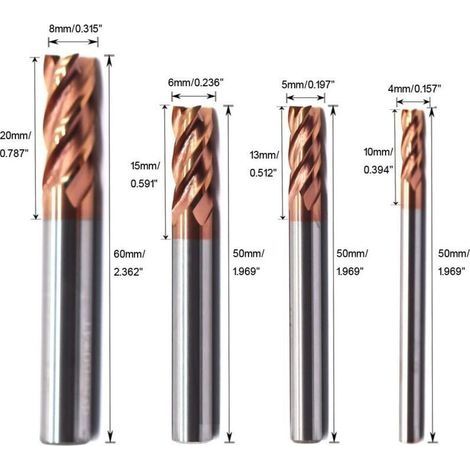 Satz mit 4 Hartmetall-Schaftfräsern mit Vierkantspitze für CNC-Bearbeitungswerkzeuge 4 5 6 8 mm (1/3)