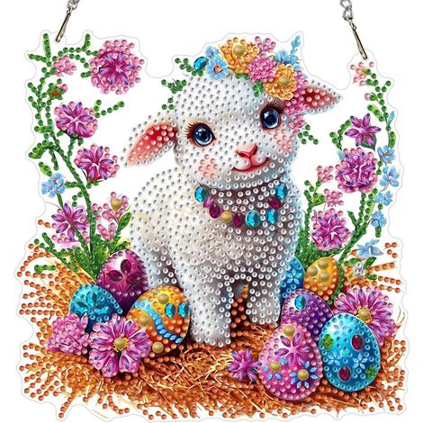 Ostern Diamond Painting Anhänger Schaf mit Ostereiern, Fensterbild Bastelset (1/4)
