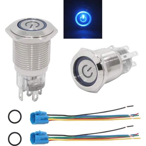 2Pcs Interrupteur à Bouton-poussoir en Acier Inoxydable, 16mm Angel Eye LED avec Fil Prise de Courant Bleu, 12V DC Interrupteur à Bascule en Métal (1/5)