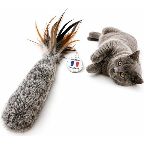 DL Cattery - Juguete para Gatos con Piel de Conejo Natural Real - Juguete Interactivo con Plumas Naturales y un Ruido Ligero y Atractivo - Estimula el Instinto de Caza - Probado en Criadero - Hecho a  (1/5)