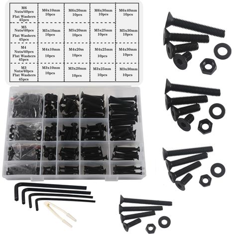 M3 M4 M5 M6 Jeu de Vis Boulons et Écrous, 500Pièces Noir Hex Socket Head Cap Vis Boulons à Tête Plate,Filetage Machine Boulon et Écrous Ensemble Outils Assortiment Kit (1/5)