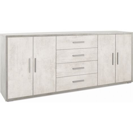 Mueble móvil con 4 puertas y 4 cajones, 203L x 41P x H84 – Acabado cemento y blanco opaco – Sarmog