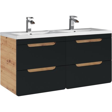 Doppel-Waschtischunterschrank 120 cm mit Keramik-Waschbecken NEW-LUTON seidenmatt anthrazit mit Wotan Eiche Nb. B/H/T ca. 121/63/46 cm (1/5)