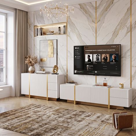 Creahappy Ensemble Meuble TV 190 cm et Buffet 140 cm - Rangement Salon - Façades Rainurées Modernes en MDF - Blanc et Doré (1/5)