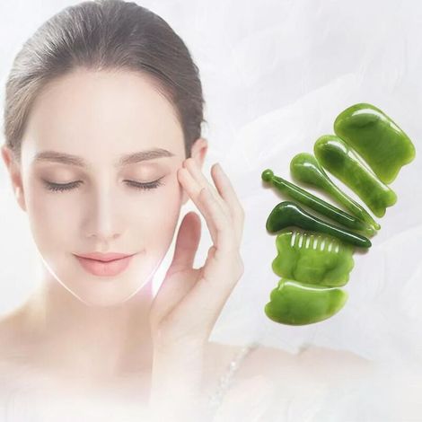 Set mit 7 Gua Sha-Steinen, schlankmachende Massagegeräte aus natürlichem Jadestein für den Spa-Bereich (rosa) (1/4)