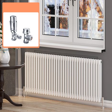 ELEGANT 600 x 1484 mm White Horizontal Column Designer Radiator Efficient Double Panel Radiator Heater + Chrome Thermostatic Radiator Valves (1/5)