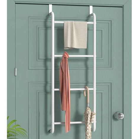 Porte-serviettes à trois niveaux à fixer derrière la porte, porte-manteau, barre porte-serviettes sans perçage, pour ranger les serviettes de salle de bain, blanc. (1/4)