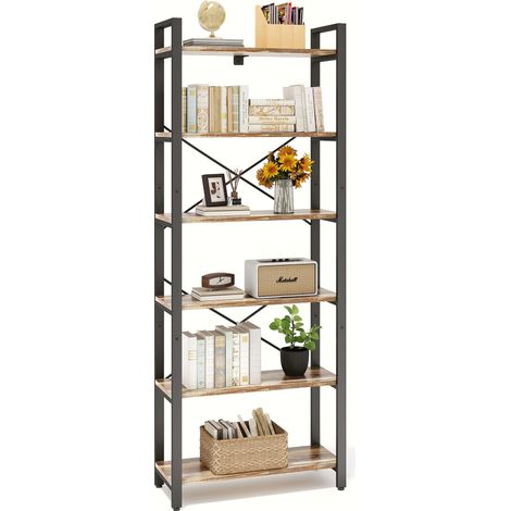 2M Bibliothèque sur Pied à 6 Niveaux, étagère en Bois avec Cadre en métal, étagère de Bureau Industrielle étagères Ouvertes, pour Bureau, Salon, Chambre à Coucher, Cuisine (Marron Chameau) (1/5)