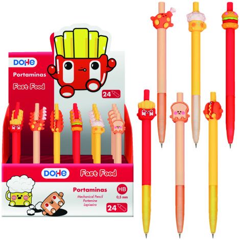 Expositor de portaminas recargable con cuerpo en plástico y grip de caucho. Punta metálica retráctil para minas de grafito de 0\'5 mm, para una escrit