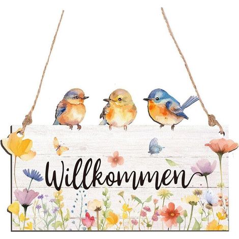 Welcome Sign, 20 x 12 cm Wooden Front Door Sign, Welcome Front Door Sign, Double-Sided Decorative Wall Panel for Garden, Entrance Door, Yard (Birds Pattern) (1/5)
