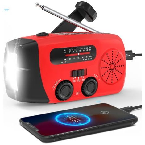 Radio solaire, éclairage de secours, générateur manuel, rouge (1/4)