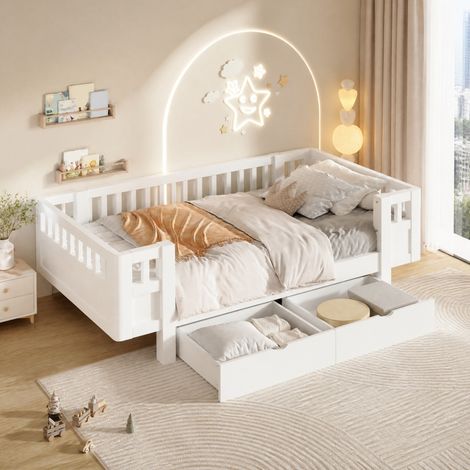 Lit enfant 90x200 cm en bois blanc, avec rangement pour chambre, FloraGrace (1/5)