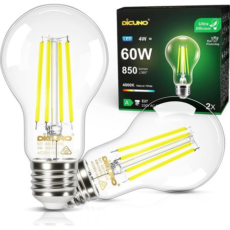 Ampoule LED E27 Ultra Efficient Classe A, 4W=60W, 4000K, Lot de 2 Blanc neutre, 850lm, Verre Clair, Ampoule E27 filament vintage Edison, LED basse consommation, Angle 360°, Non-dimmable (1/5)