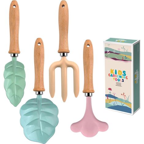Ensemble d'outils de jardinage pour petits en forme de feuille avec manche en bois 4 pièces Mini outil de jardin et jouet de sable pour cour, bac à sable, pelouse et extérieur (1/5)
